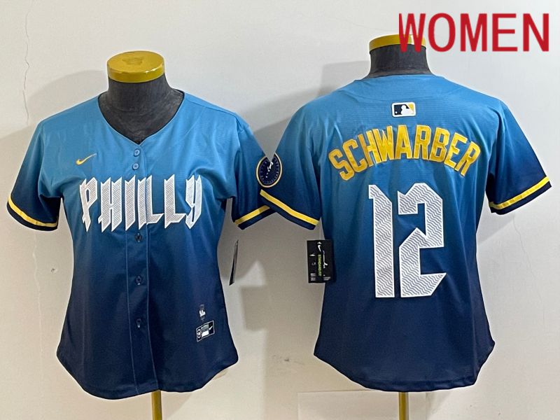 Women Philadelphia Phillies 12 Schwarber Blue City Edition Nike 2024 MLB Jersey style 1